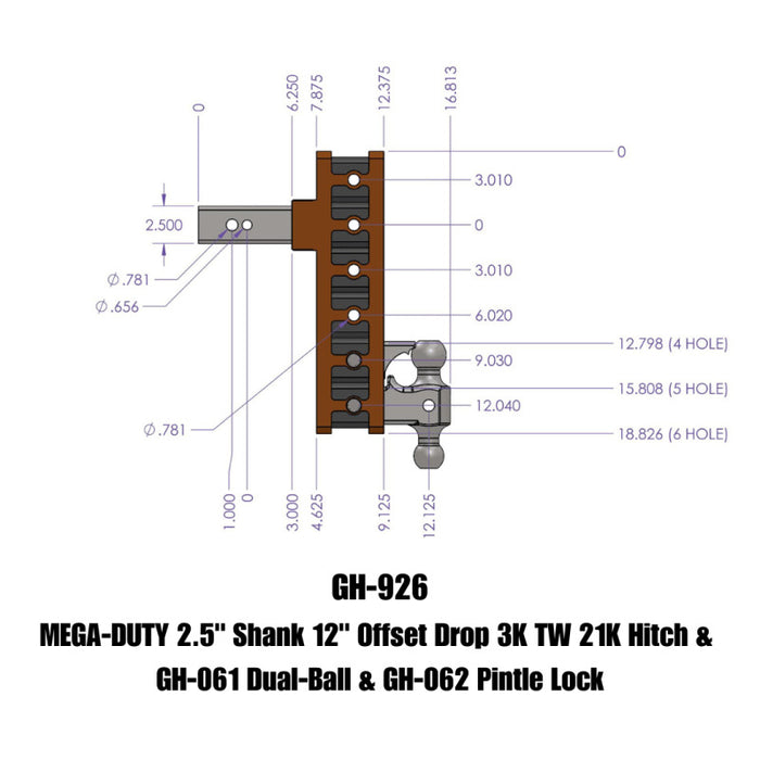 GEN-Y Hitch GH-926 Gen-Y Mega Duty 2.5in Shank 12in Offset Drop 21K Hitch w/GH-061 Dual-Ball/GH-062 Pintle Lock