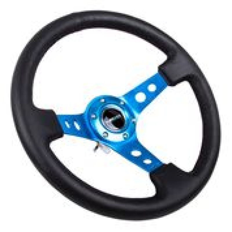 NRG RST-006BL Reinforced Steering Wheel (350mm / 3in. Deep) Blk Leather w/Blue Circle Cutout Spokes