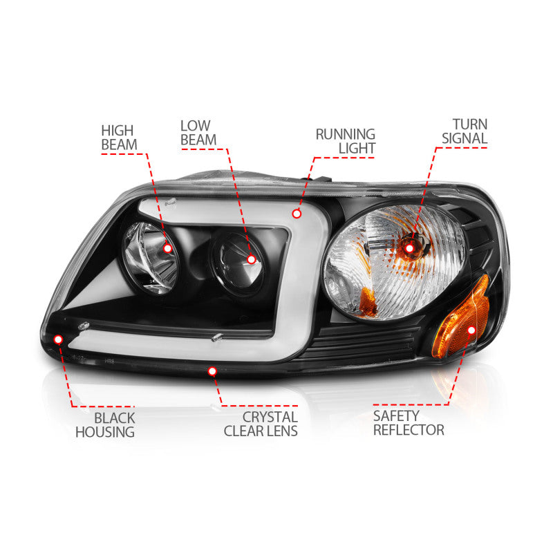 ANZO 111503 1997-2003 Ford F-150 Projector Headlights w/ Light Bar Black Housing
