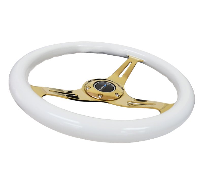 NRG ST-015CG-WT Classic Wood Grain Steering Wheel (350mm) White Grip w/Chrome Gold 3-Spoke Center