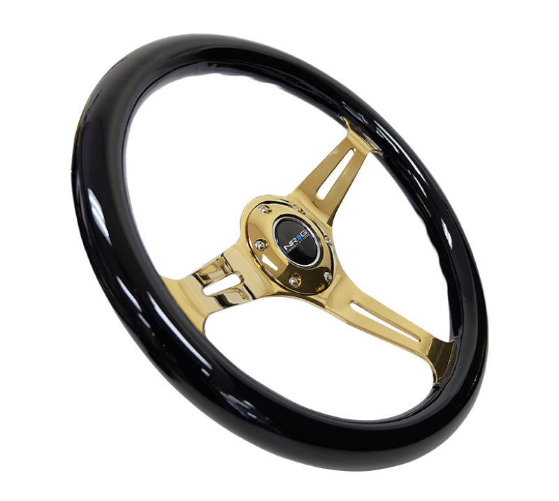 NRG ST-015CG-BK Classic Wood Grain Steering Wheel (350mm) Black Grip w/Chrome Gold 3-Spoke Center