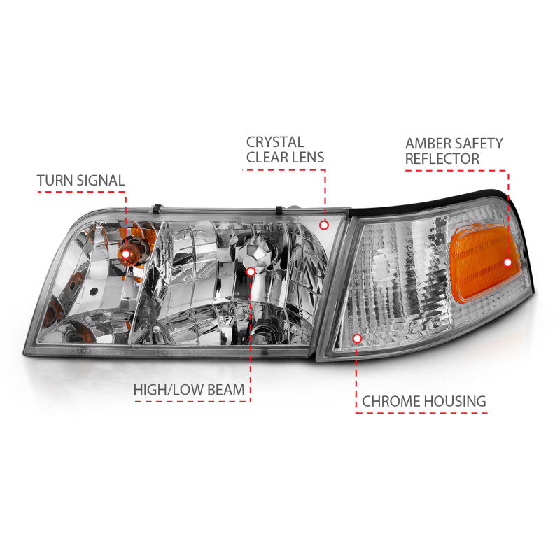 ANZO 121556 1998-2005 Ford Crown Victoria Crystal Headlight Chrome With Bumper Light (OE)