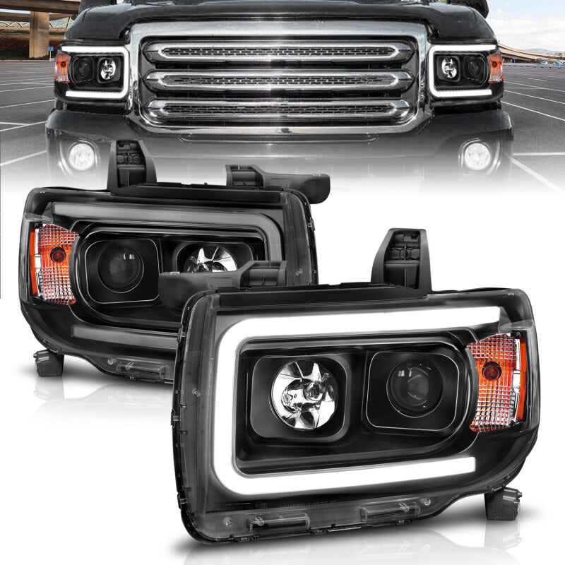ANZO 111381 2015+ GMC Canyon Projector Headlights w/ Plank Style Design Black w/ Amber