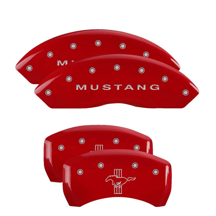 MGP 10198SMBPRD 4 Caliper Covers Engraved Front Mustang Engraved Rear Bar & Pony Red finish silver ch