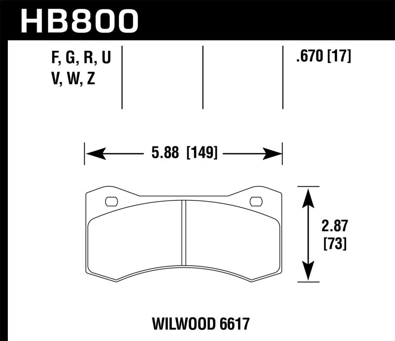 Hawk Performance HB800U.670 Hawk Willwood 6617 Caliper DTC-70 Race Brake Pads