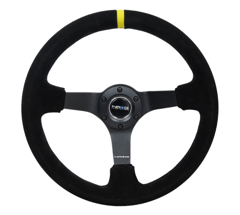 NRG RST-036MB-S-Y Reinforced Steering Wheel (350mm / 3in. Deep) Blk Suede/X-Stitch w/5mm Blk Spoke & Yellow CM