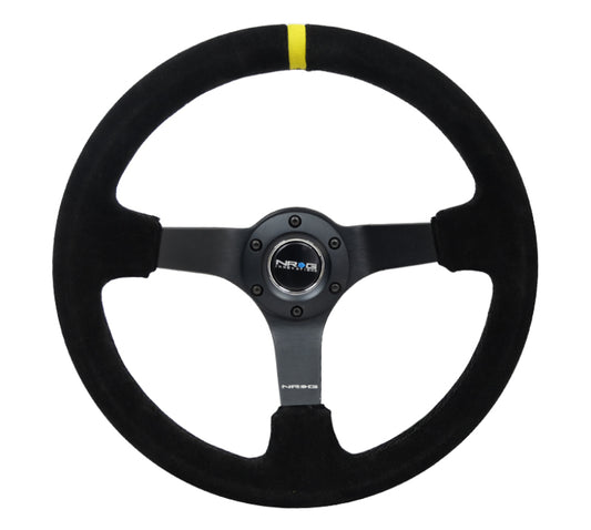 NRG RST-036MB-S-Y Reinforced Steering Wheel (350mm / 3in. Deep) Blk Suede/X-Stitch w/5mm Blk Spoke & Yellow CM