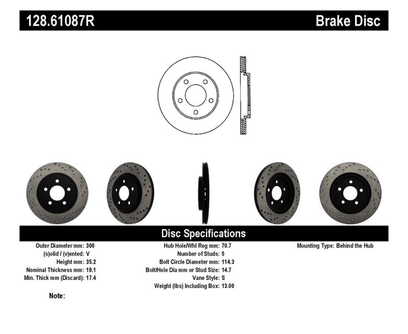 Stoptech 128.61087R StopTech 05-10 Ford Mustang V6/4.0L / GT V8/4.6L Cross Drilled Right Rear Rotor