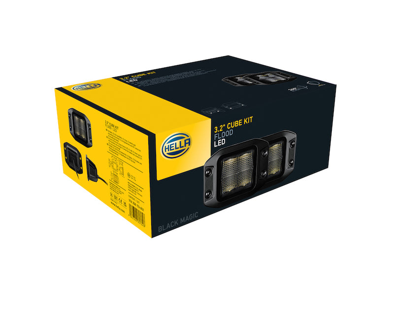 Hella 358176831 Universal Black Magic 3.2in L.E.D. Cube Kit - Flood Beam (Flush Mount)