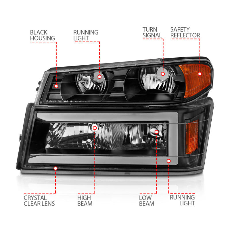 ANZO 111558 04-12 GM Colorado/Canyon/I-Series Crystal Headlights - w/ Light Bar Black Housing 4pcs