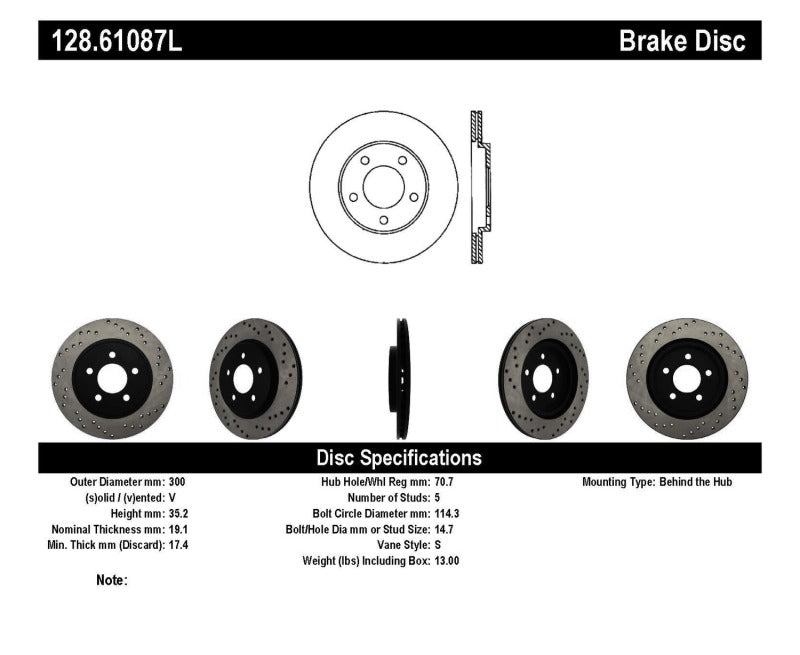 Stoptech 128.61087L StopTech 05-10 Ford Mustang V6/4.0L / GT V8/4.6L Cross Drilled Left Rear Rotor