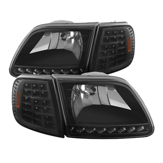 SPYDER 5014184 xTune Ford F150 97-03 Crystal Headlights w/ Clear LED Corners Black HD-ON-FF15097-LED-SET-BK