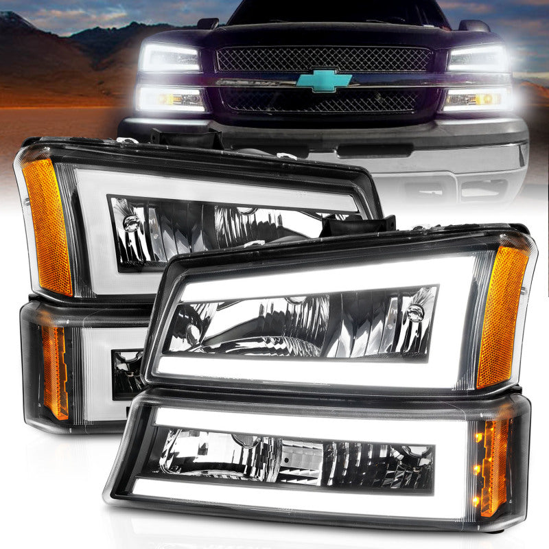 ANZO 111501 2003-2006 Chevrolet Silverado 1500 Crystal Headlights w/ Light Bar Black Housing