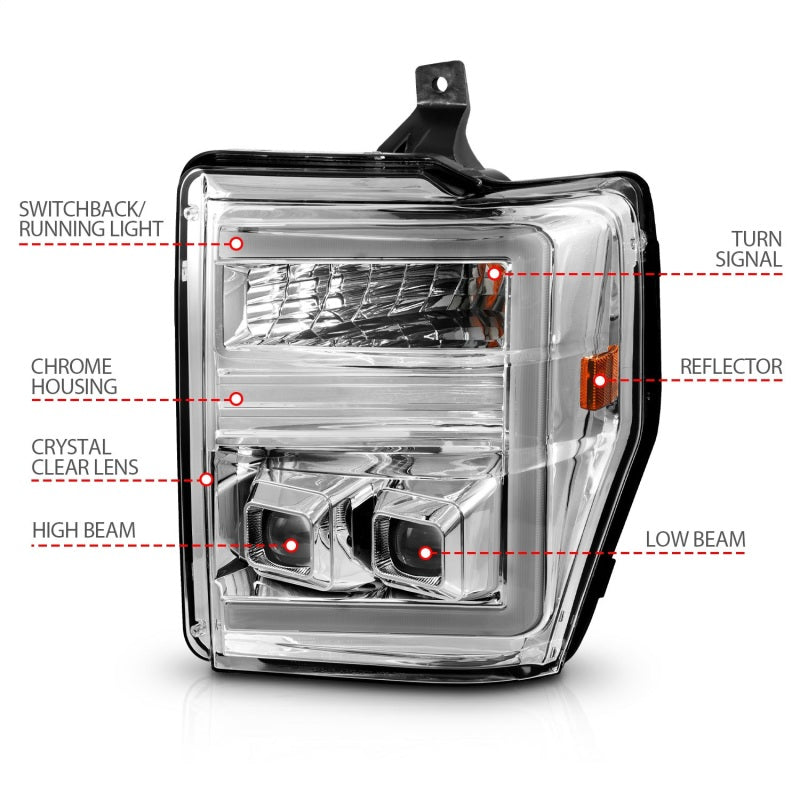 ANZO 111587 08-10 Ford F-250 - F-550 Super Duty Projector Headlights w/ Light Bar Switchback Chrome Housing