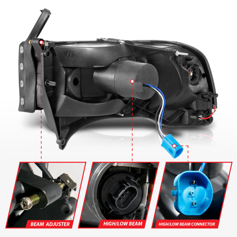 ANZO 111554 94-02 Dodge RAM Crystal Headlight - w/ Light Bar Black Housing