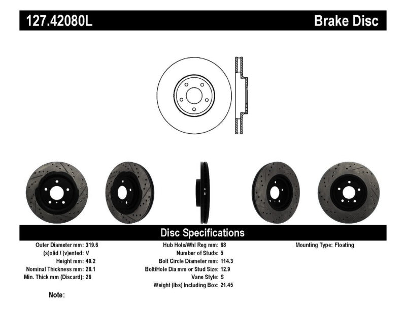 Stoptech 127.42080L StopTech 06-07 350Z / 05-07 G35 exp Sport/ 06-07 G35X SportStop Slotted & Drilled Front Left Rotor