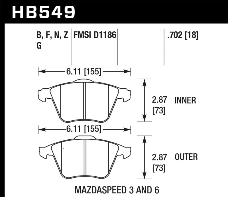 Hawk Performance HB549N.702 Hawk 07-08 Mazdaspeed3/06-07 Mazdaspeed6 HP+ Street Front Brake Pads