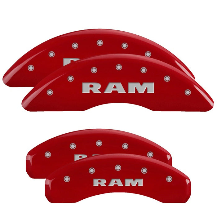 MGP 55006SRAMRD 4 Caliper Covers Engraved Front & Rear 2019 RAM 1500 Red Finish Silver RAM Logo