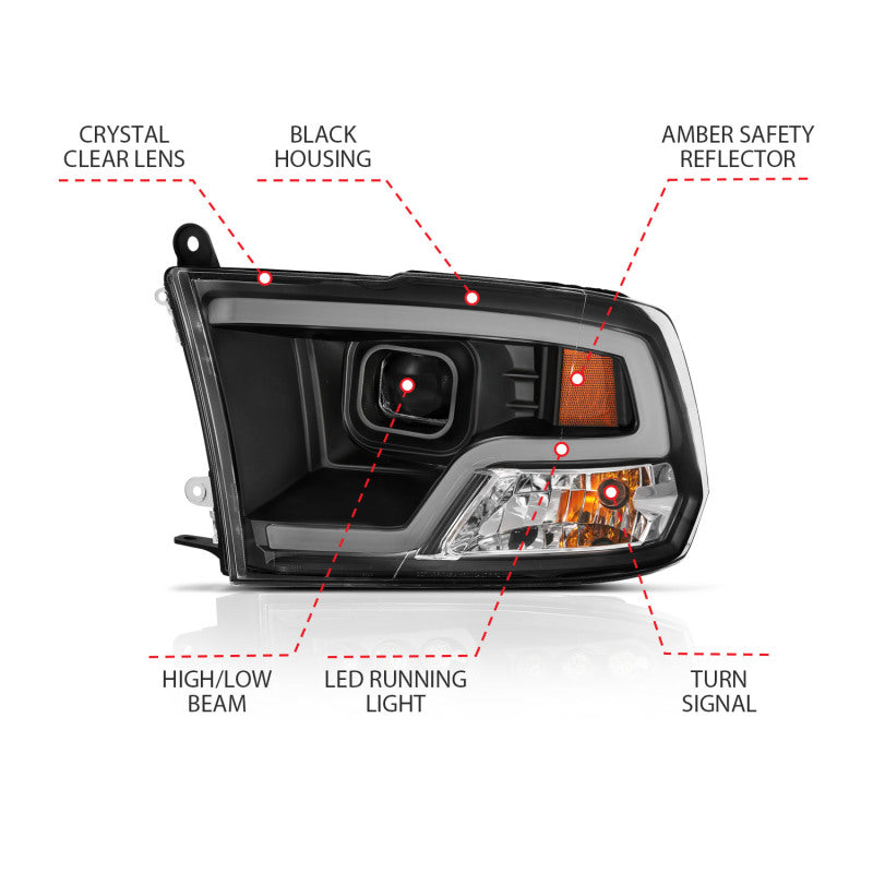 ANZO 111404 09-18 Dodge RAM 1500 Plank Style Projector Headlights Black w/ Halo
