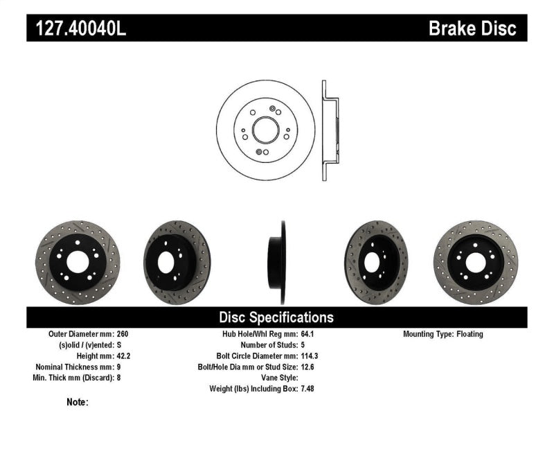 Stoptech 127.40040L StopTech 06-09 Honda Civic Ex/Si Slotted & Drilled Left Rear Rotor