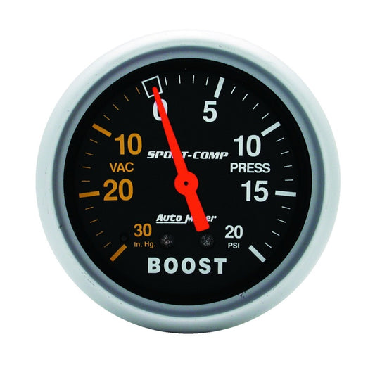 AutoMeter 3401 Autometer Sport-Comp 2-5/8in 30 IN HG/20 PSI Mechanical Boost/Vacuum Gauge