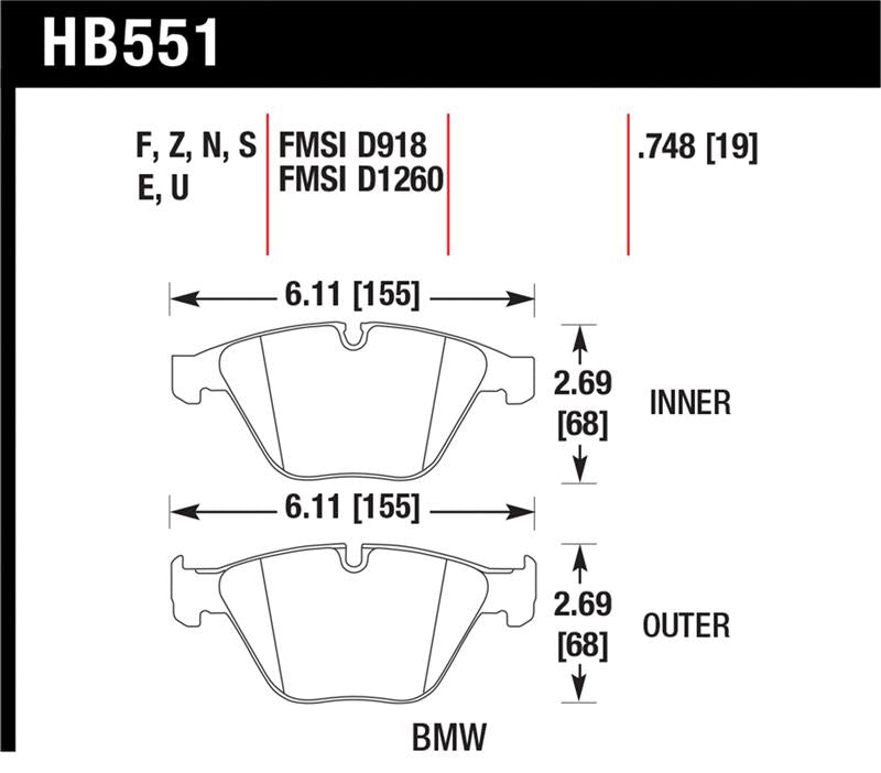Hawk Performance HB551Z.748 Hawk 07-09 BMW 335d/335i/335xi / 08-09 328i/M3 Performance Ceramic Street Front Brake Pads