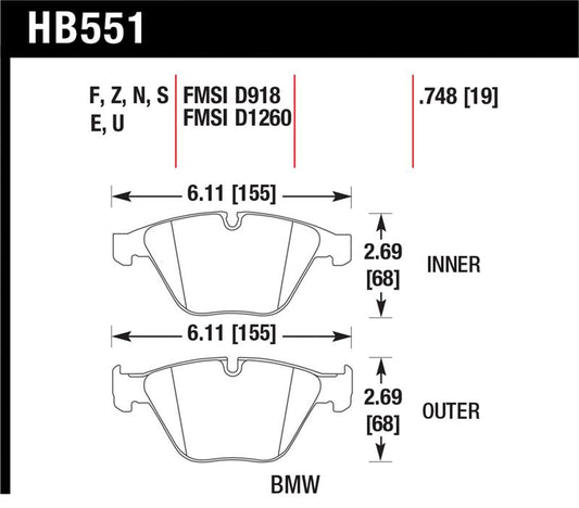 Hawk Performance HB551Z.748 Hawk 07-09 BMW 335d/335i/335xi / 08-09 328i/M3 Performance Ceramic Street Front Brake Pads