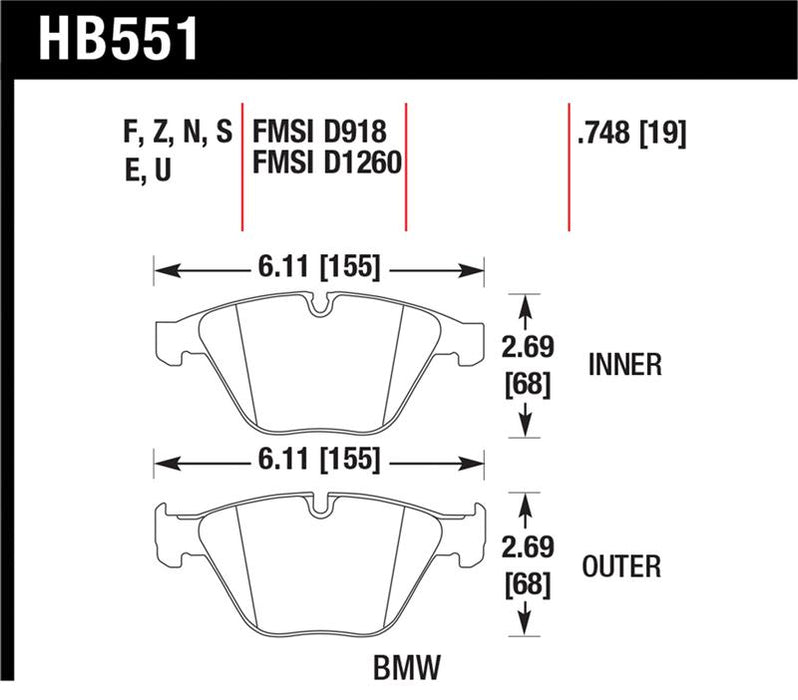 Hawk Performance HB551Z.748 Hawk 07-09 BMW 335d/335i/335xi / 08-09 328i/M3 Performance Ceramic Street Front Brake Pads