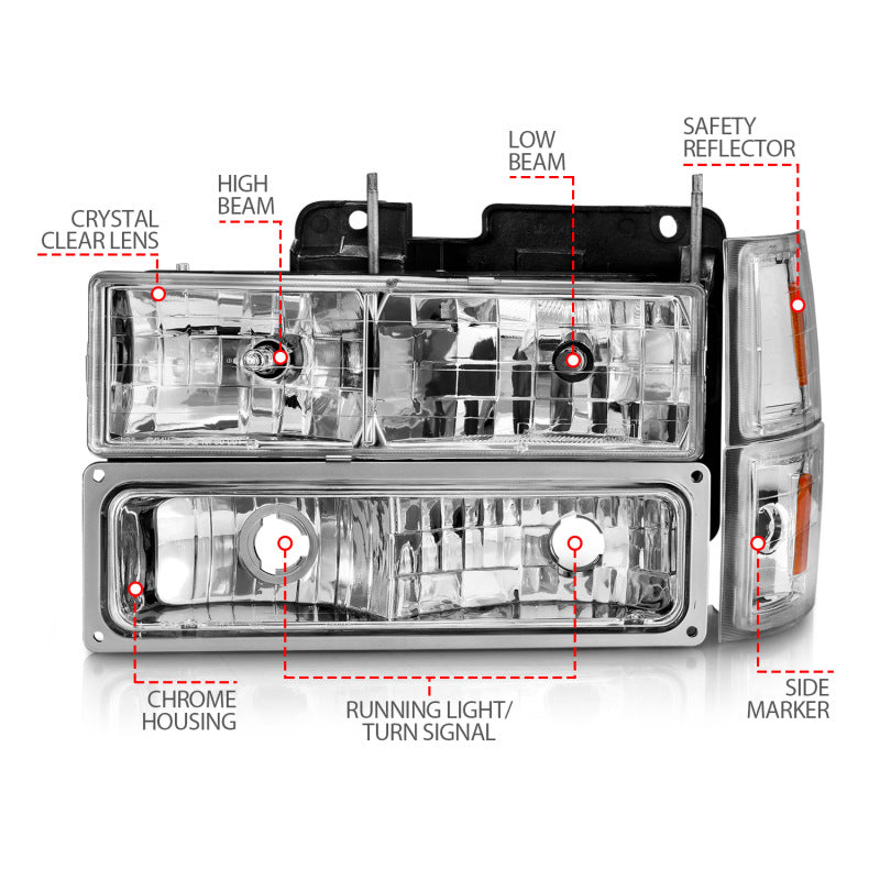 ANZO 111506 88-98 Chevrolet C1500 Crystal Headlights Chrome w/ Signal and Side Marker Lights