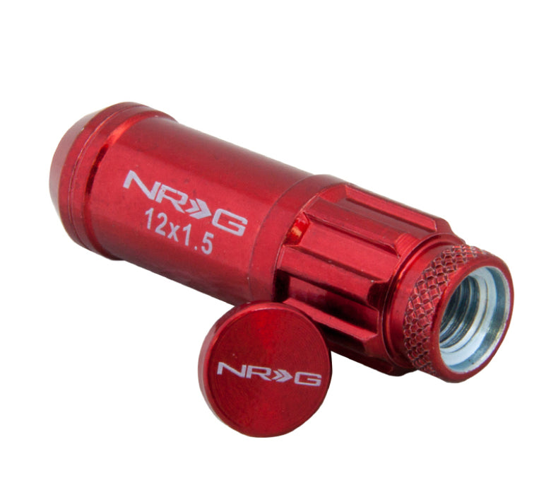 NRG LN-LS700RD-21 700 Series M12 X 1.5 Steel Lug Nut w/Dust Cap Cover Set 21 Pc w/Locks & Lock Socket - Red