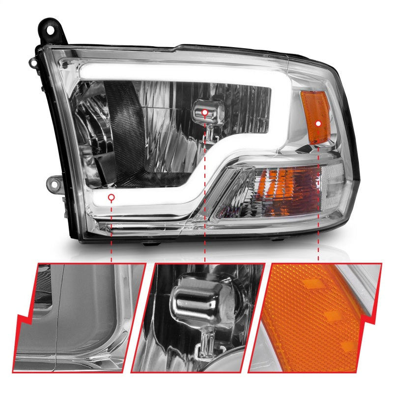 ANZO 111516 2009-2018 Dodge RAM 1500/ 2500/ 3500 Crystal Headlights w/ Light Bar Chrome Housing