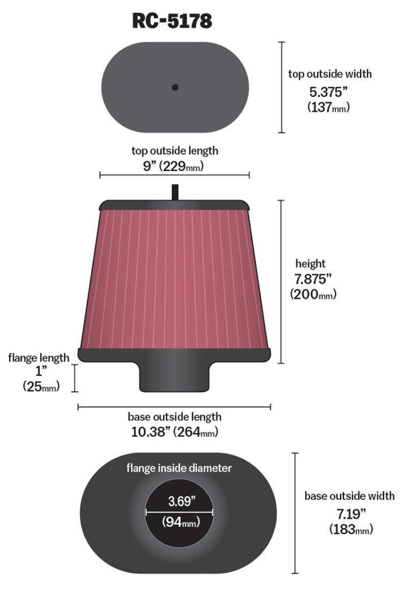 K&N Engineering RC-5178 K&N Universal Air Filter - Oval Straight - 3.688in Flange ID x 10.25in Base O/S Length x 7.875in H