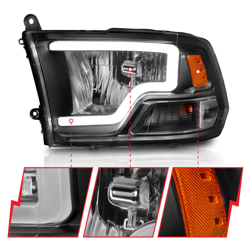 ANZO 111515 2009-2018 Dodge RAM 1500 Crystal Headlights w/ Light Bar Black Housing