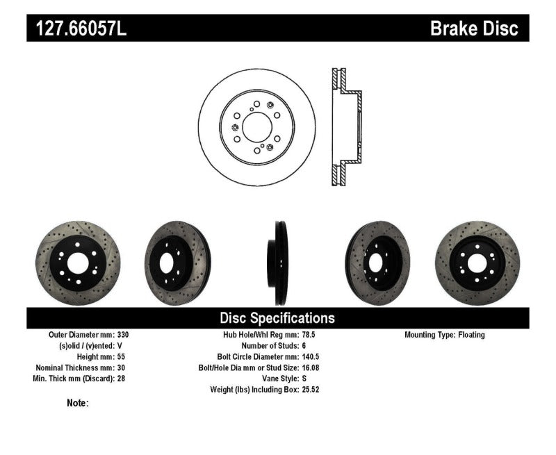 Stoptech 127.66057L StopTech 05-10 GMC Sierra 1500 (w Rear Drum) / 07-09 GMC Yukon Front Left Slotted & Drilled Rotor
