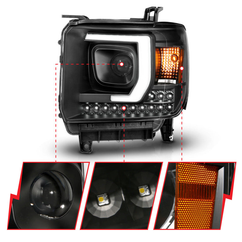 ANZO 111450 2014-2015 GMC Sierra 1500HD Projector Plank Style Headlight Black W/ DRL