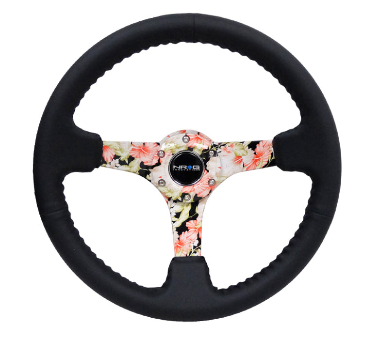 NRG RST-036FL-R Reinforced Steering Wheel (350mm / 3in. Deep) Blk Leather Floral Dipped w/ Blk Baseball Stitch