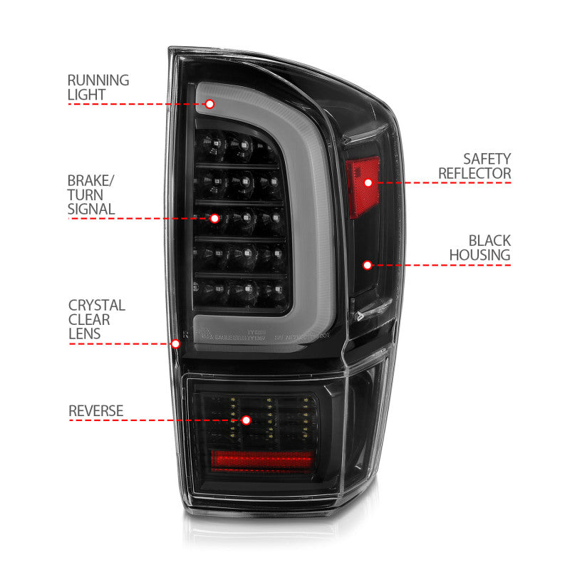 ANZO 311400 16-21 Toyota Tacoma LED Tail Lights - w/ Light Bar Sequential Black Housing & Clear Lens