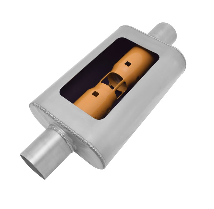 Gibson BM0107 MWA Superflow Center/Center Oval Muffler - 4x9x14in/2.5in Inlet/2.5in Outlet - Stainless