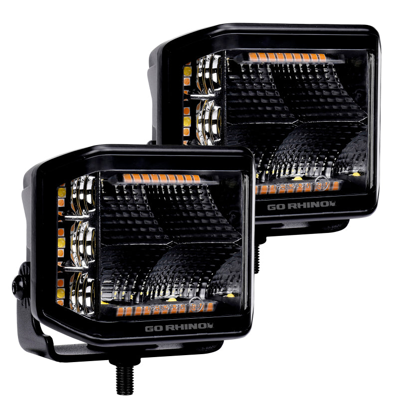 Go Rhino 750700322FCS Xplor Blackout Combo Series Cube Sideline LED Flood Lights w/Amber 4x3 - Blk (Pair)