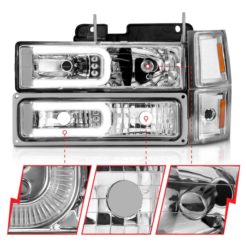 ANZO 111529 88-98 Chevrolet C1500 Crystal Headlights w/Light Bar Chrome Housing w/ Signal Side Markers 8Pcs