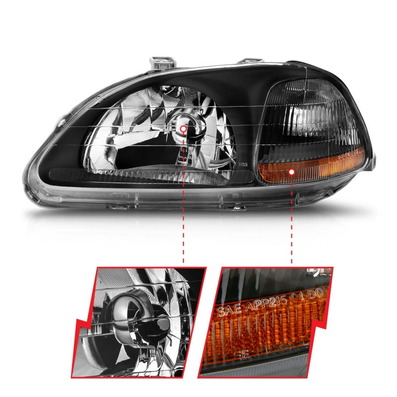 ANZO 121067 1996-1998 Honda Civic Crystal Headlights Black