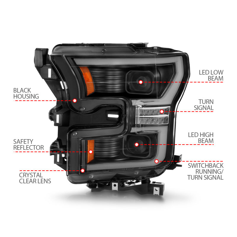 ANZO 111547 15-17 Ford F-150 LED Projector Headlights - w/ Light Bar Switchback Black Housing