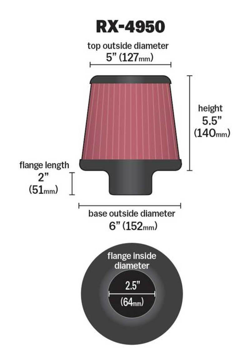 K&N Engineering RX-4950 K&N Filter Universal X Stream Clamp-On 2.5in Flange ID / 6in Base OD / 5in Top OD / 5.5in Height