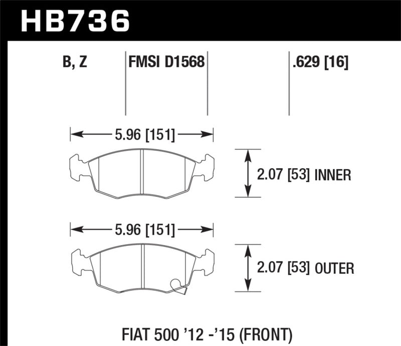 Hawk Performance HB736Z.629 Hawk 12-16 Fiat 500 Performance Ceramic Street Front Brake Pads