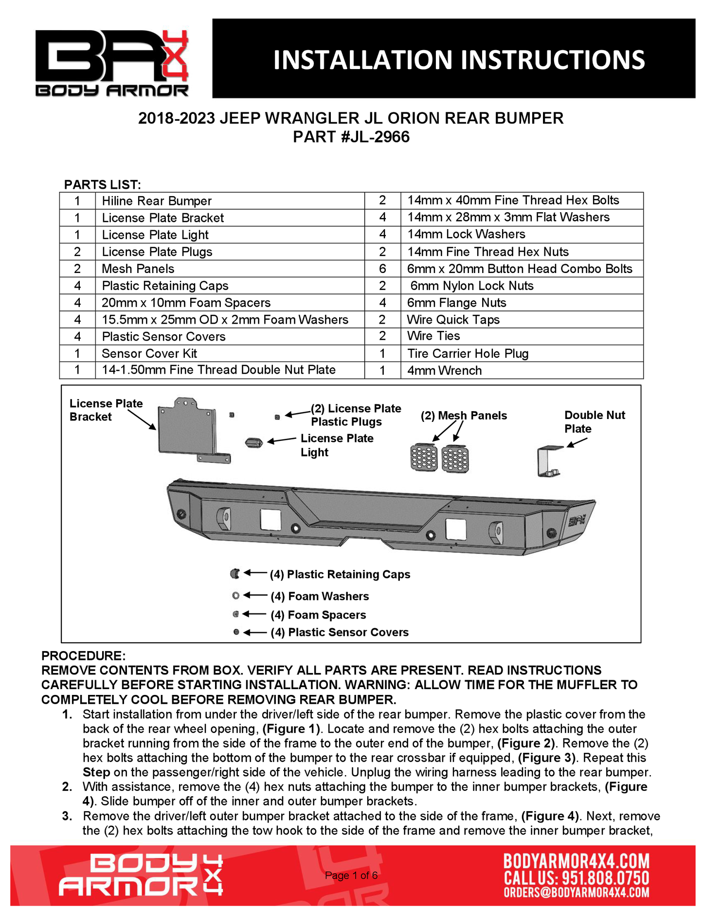 Body Armor 4x4 JL-2966 18-22 Jeep Wrangler JL Orion Rear Bumper