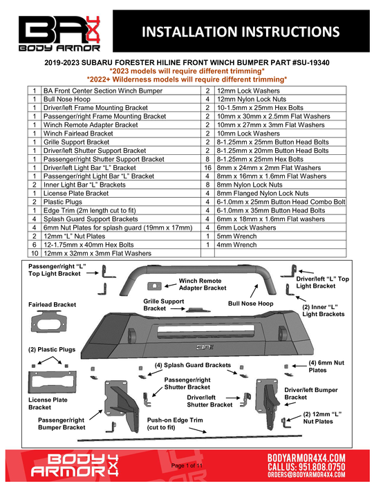 Body Armor 4x4 SU-19340 19-21 Subaru Forester HiLine Front Winch Bumper