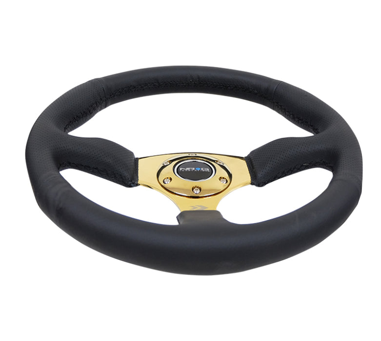 NRG RST-023GD-R Reinforced Steering Wheel (350mm / 2.5in. Deep) Leather Race Comfort Grip w/4mm Gold Spokes