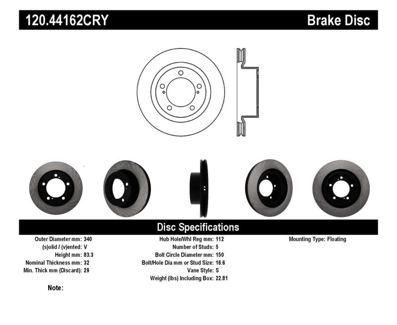 Stoptech 120.44162CRY 08-11/13-18 Toyota Land Cruiser Front Premium High Carbon Cryo Brake Rotor