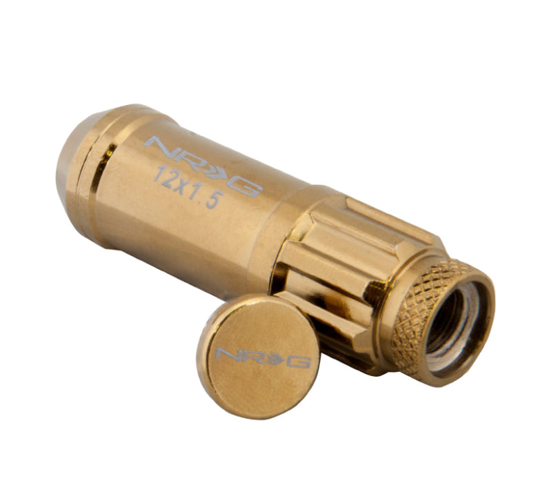NRG LN-LS700CG-21 700 Series M12 X 1.5 Steel Lug Nut w/Dust Cap Cover Set 21 Pc w/Locks & Socket - Chrome Gold