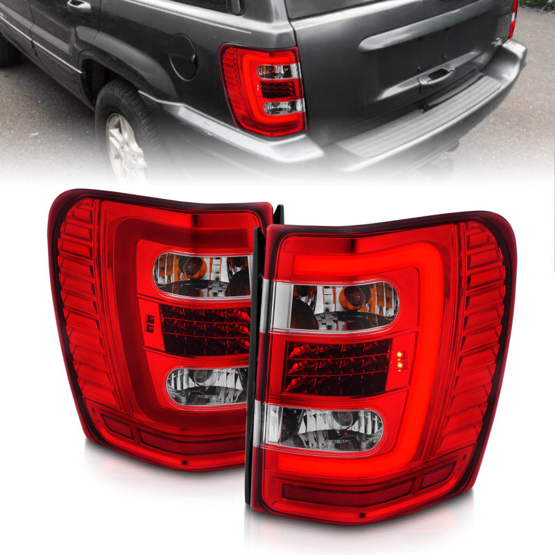ANZO 311396 1999-2004 Jeep Grand Cherokee LED Tail Lights w/ Light Bar Chrome Housing Red/Clear Lens